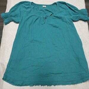 Natural Life Dress L/XL Teal Sienna Cotton Gauze Puff Sleeve Raw Hem Tie